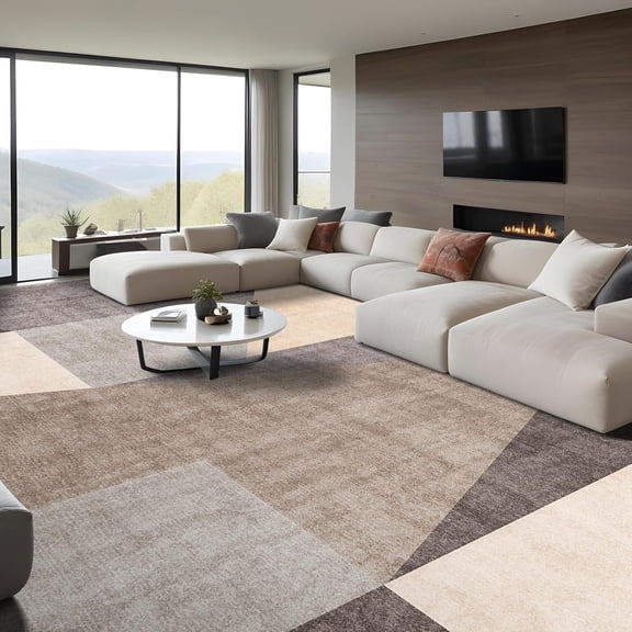 Washable Modern Area Rug: 10x14 Large Geometric Area Rugs for Living Room & Bedroom with Non-Slip Backing Modern Geometric Carpet for Living Room Brown Grey 10'x14'.