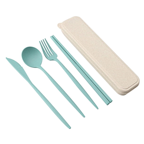 Bearachild 4 unids/set juego de cubiertos de creatividad tenedor de paja de trigo palillos cuchara portátil reutilizable juego de vajilla Mostrada verde
