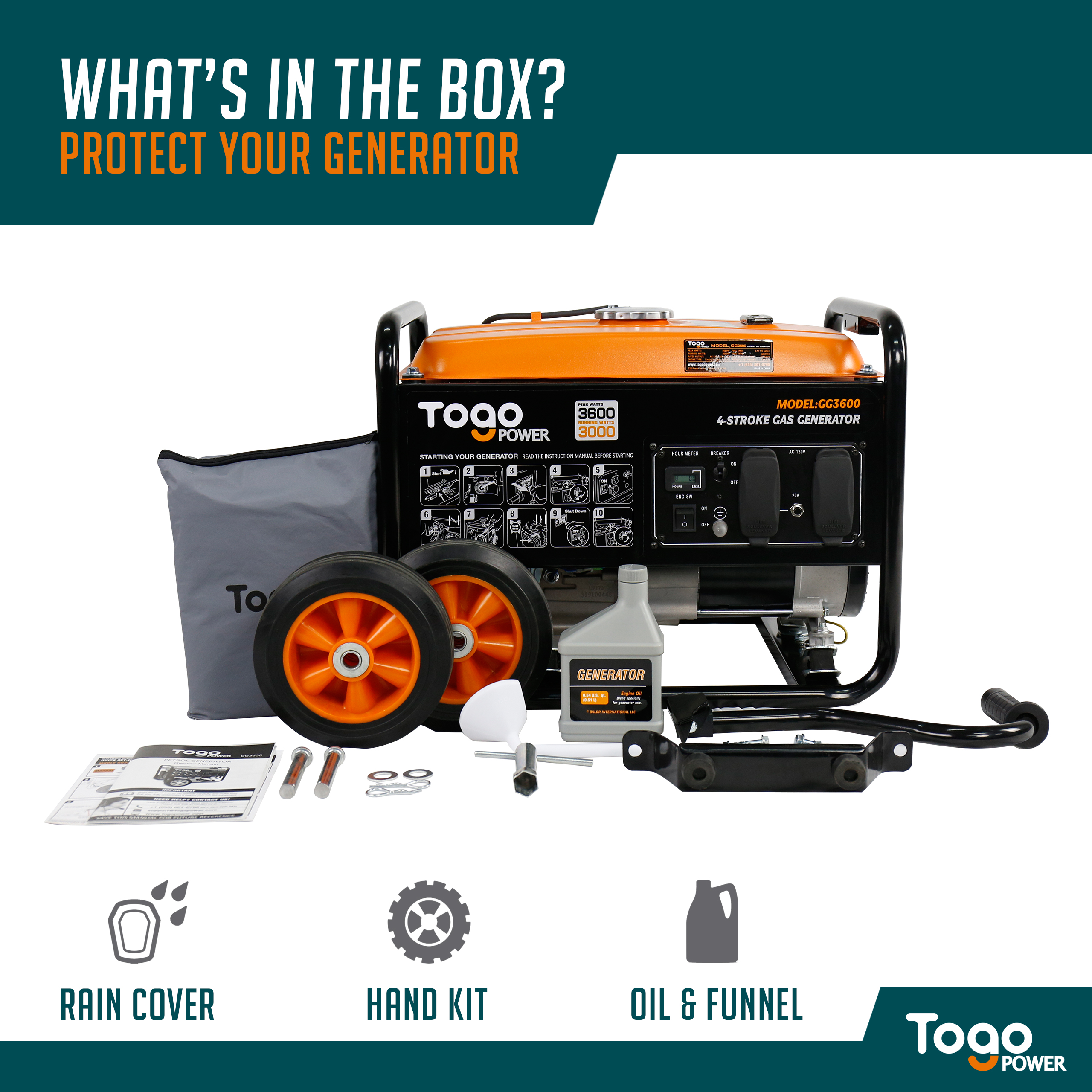TogoPower GG3600 Portable Generator 3000 Rated Watts & 3600 Peak Watts