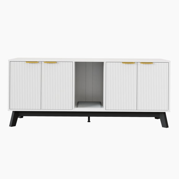 59" Wooden Hidden Cat Litter Box Enclosure Cabinet for 2 Cats - Double Room Design - Includes Litter Mat, Litter Storage & TV Stand/Side Table Furniture, White