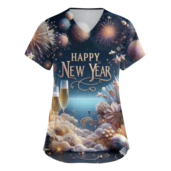 Garbnen Christmas Scrub Tops Women Plus Size Plus Size Stretchy Happy New Year 2026 Nurses Working Uniforms with Pocket V Neck Short Sleeve Scrub Top Women S-5XL