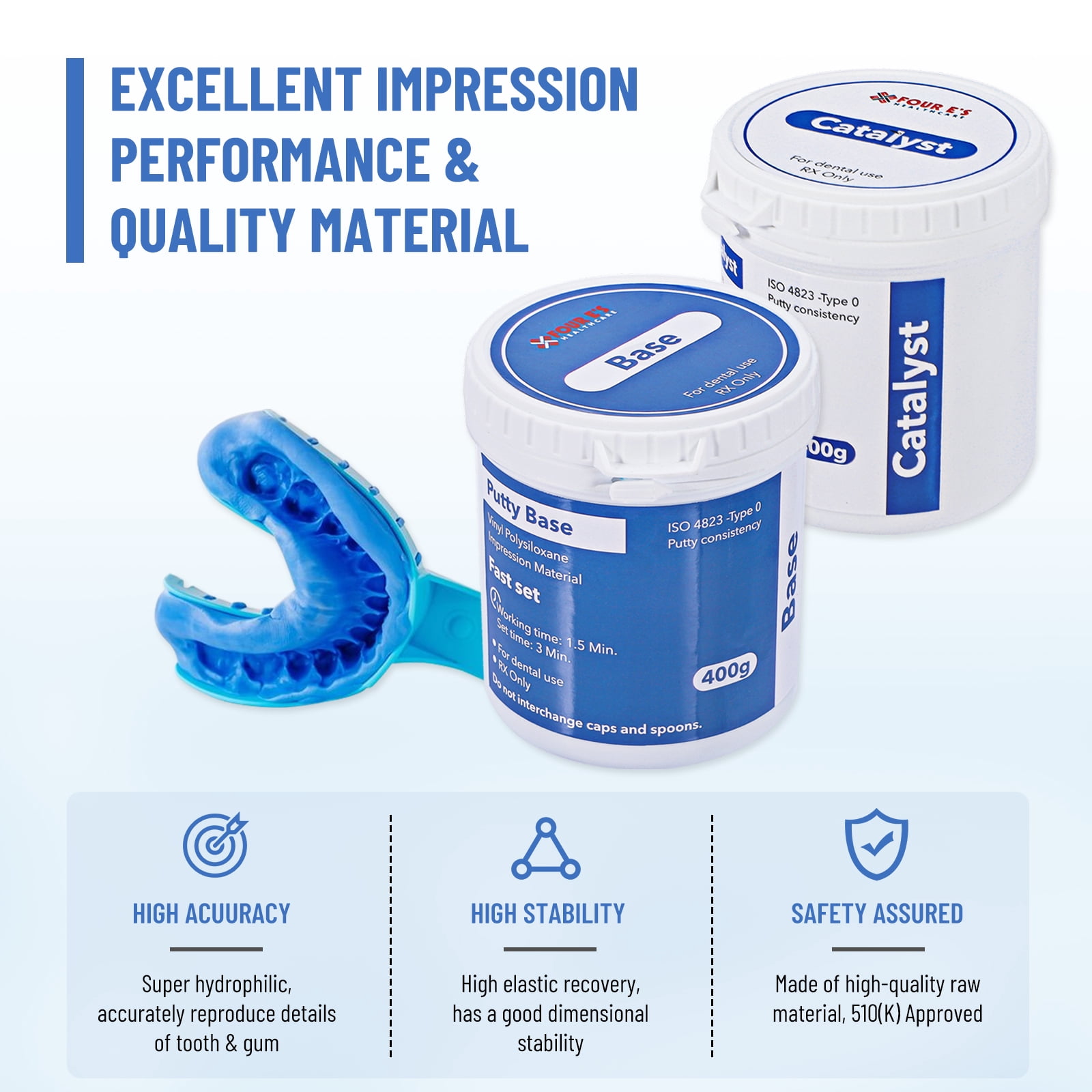 FOUR E's Scientific VPS Putty Fast Set, 400g Base & 400g Catalyst, for Tooth & Gum Details Reproducing