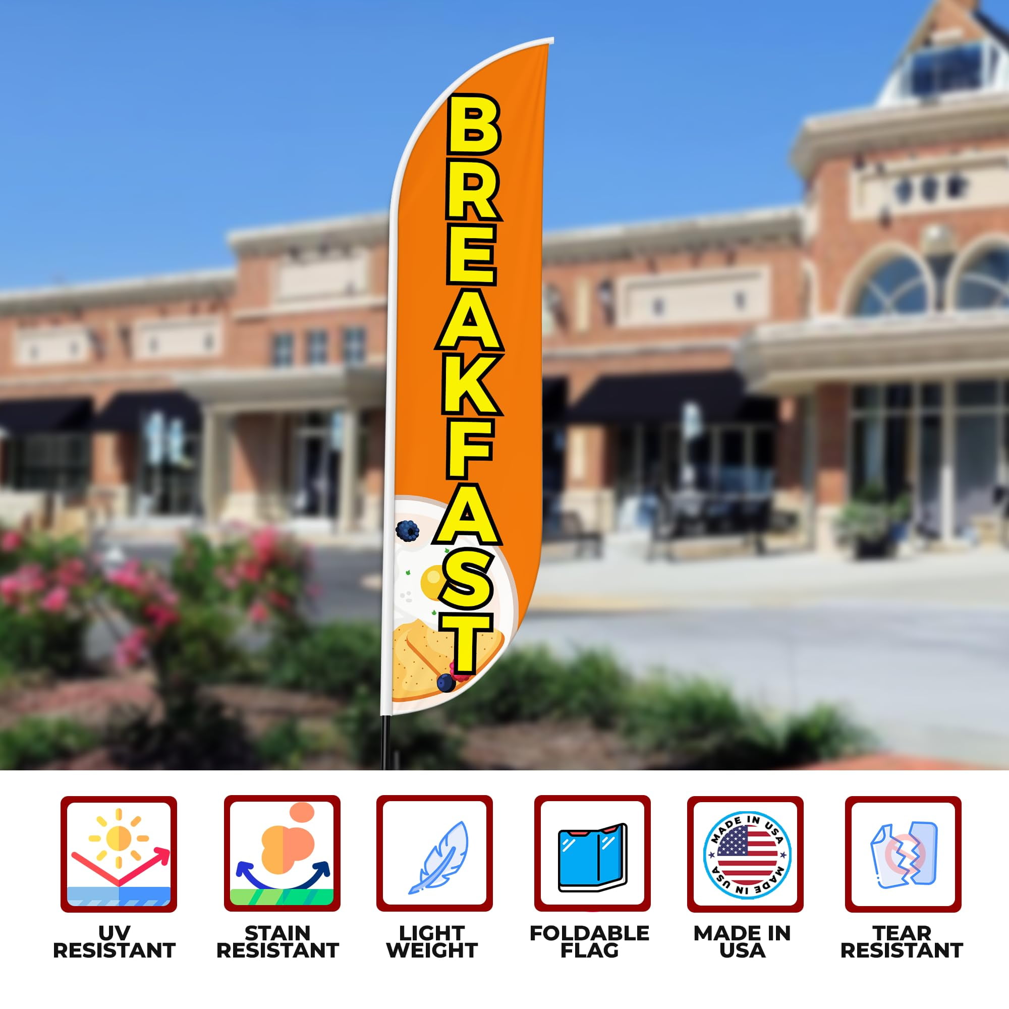 Breakfast Sign feather flag Pole Mount for Outdoor by Mavis Print | 15 FEET Long Polyester Outdoor Banner Flag with Pole Kit for Easy Hang | HD Print Swooper Flag Pole Mount for Food Advertising a