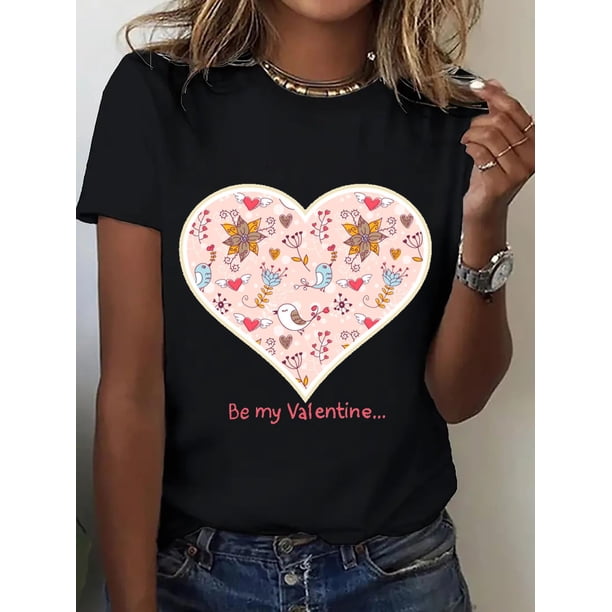 Estampado de corazones, nueva tendencia de 2025, camiseta de manga corta y cuello redondo para primavera y verano, camiseta deportiva informal para mujer, temática romántica para San Valentín (adultos