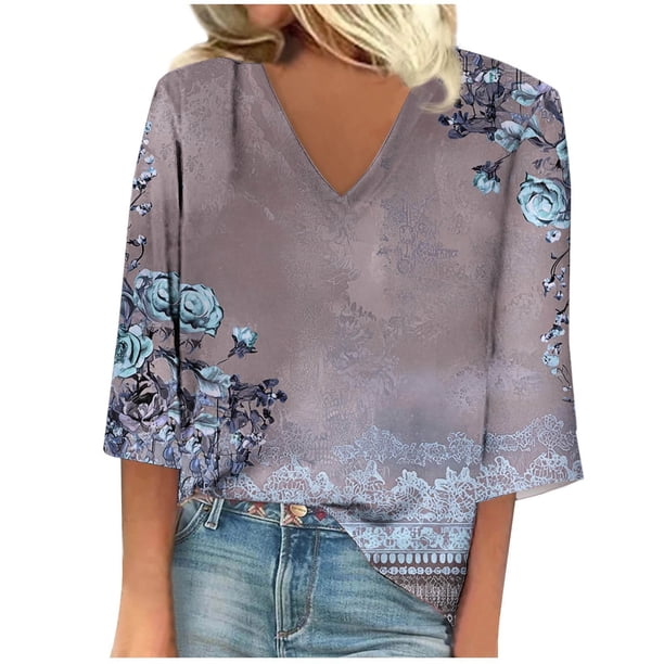 Blusa de Manga Corta Mujeres Cuello en V de Verano Impreso, Top Regular Casual Sexy para el Hogar Y el Uso Diario