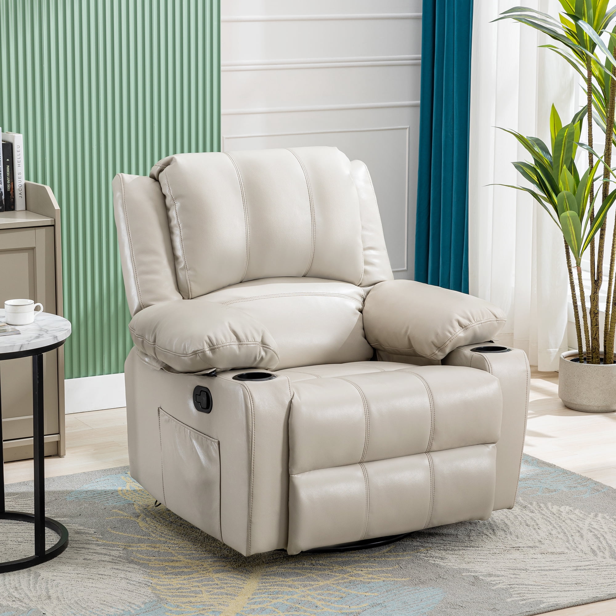 JONPONY Manual Swivel Rocker Recliner Chair with Heat and 8 Point Massage Recliner Chair with Side Pockets, 2 Cup Holders,Beige