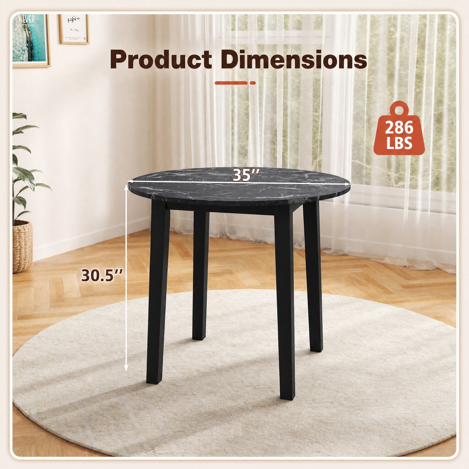 Furnibear 35 Inch Round Dining Table for 4 with Rubber Wood Legs and Marble Textured Veneer Top for Kitchen and Dining Room, Black
