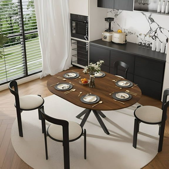 SESSLIFE 58" Extendable Round Dining Table for 6 People, Retractable Expandable Kitchen Table with Iron Base, Modern and Simple Solid Wood Veneer Dining Room Table for Small Space, Walnut