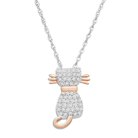 Duet 1/5 ct Diamond Cat Pendant Necklace in Sterling Silver & 14kt Rose Gold