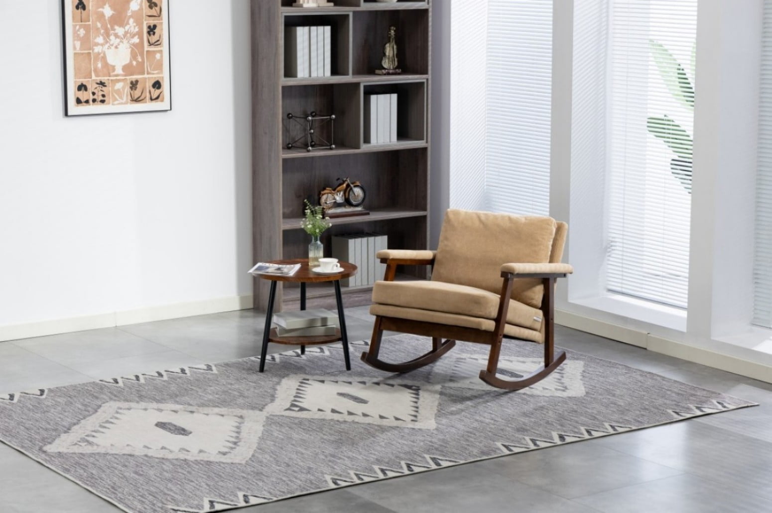 Mid-Century Modern Rocking Accent Chair with Wood Frame, Upholstered Reading Armchair with Waist Cushion, High-Density Foam Lounge Chair for Living Room, Bedroom, Sunroom, Khaki