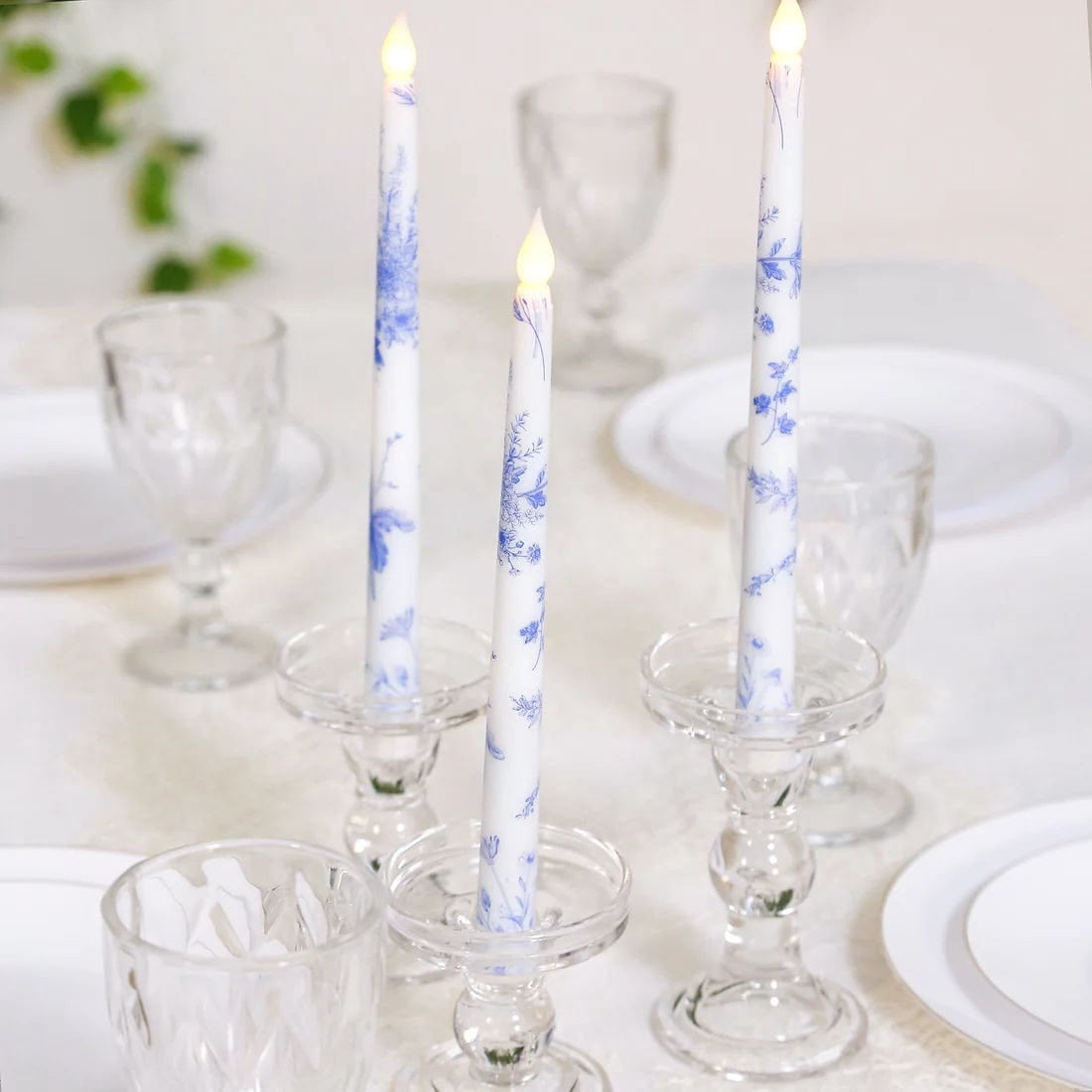 6 White Blue 11" tall French Toile Design Flameless LED Taper Candles Centerpieces