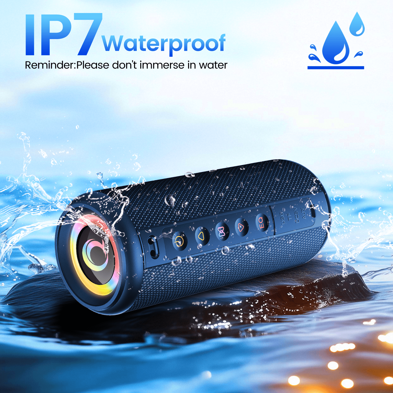Portable Bluetooth Speaker, Bluetooth 5.4 Wireless Speaker with 20W HD Loud Stereo Sound, 20H Playtime, IP7 Waterproof, LED Lights, TWS Pairing, Built-in Mic, for Outdoor, Party, Home, Gift