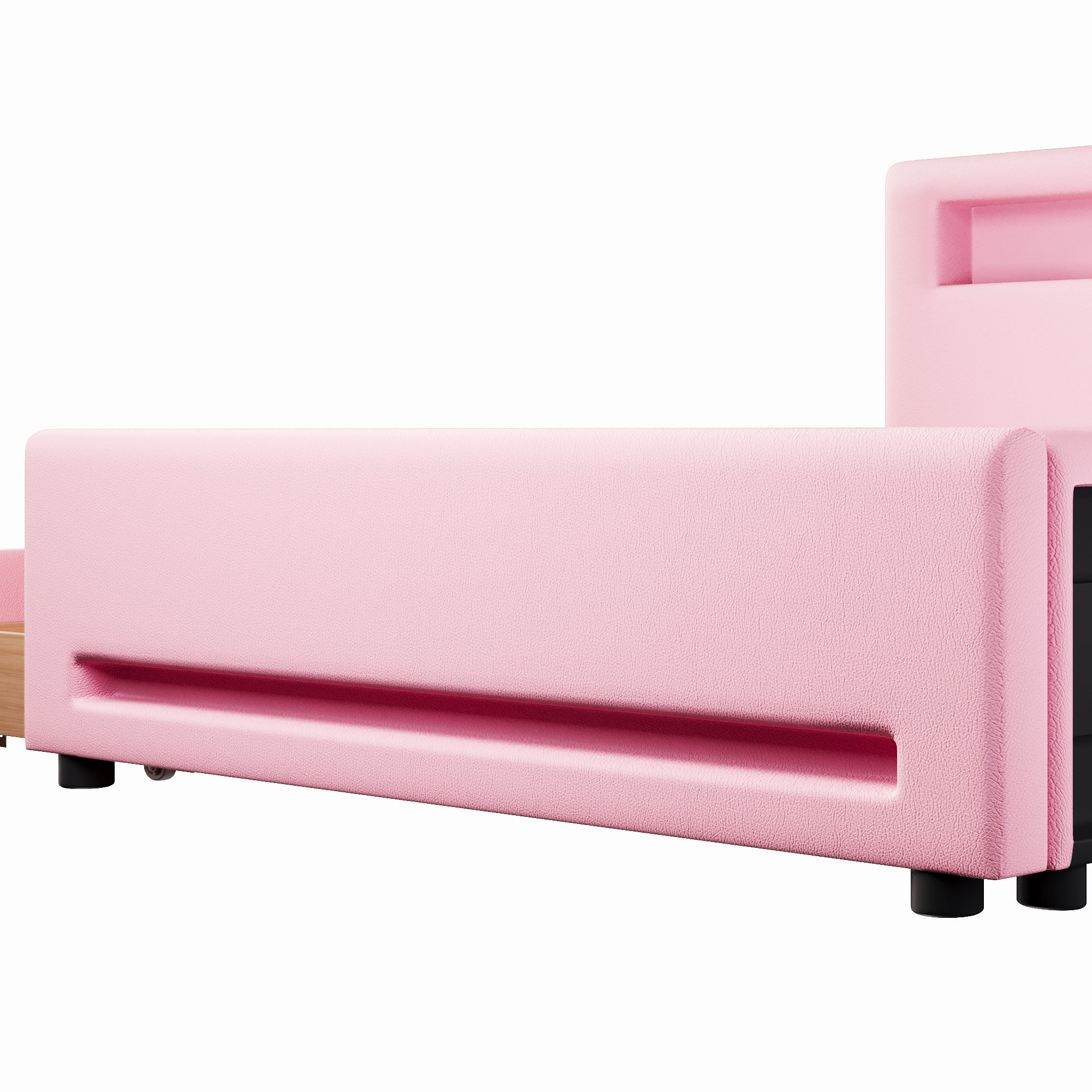 Euroco Upholstered Full Size Platform Bed with LED Light and USB Ports, 2 Drawers, Pink