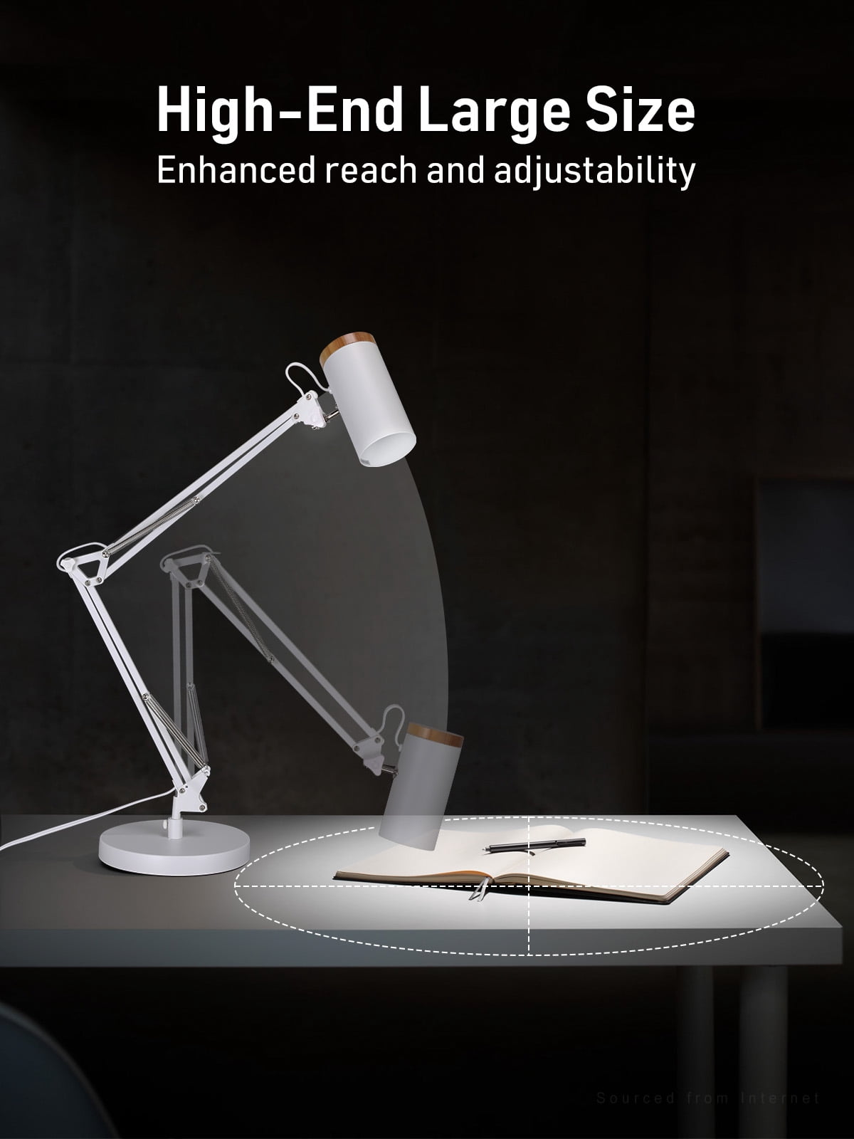 2 Pack Adjustable Metal Table Lamp, Large Size Max Height 29.7", E26 Base, Swing Arm Desk Light with Wooden Accent, White