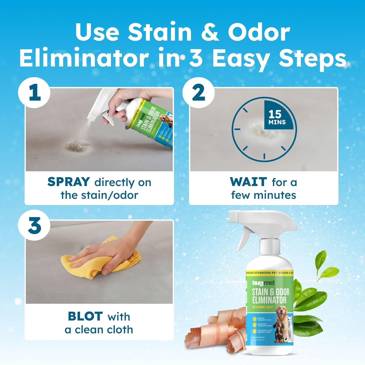 Pet Odor Eliminator & Stain Remover Spray for Dogs & Cats, 32 oz - Enzymatic Cleaner & Urine Odor Destroyer, Unscented Formula Eliminates Strong Odors