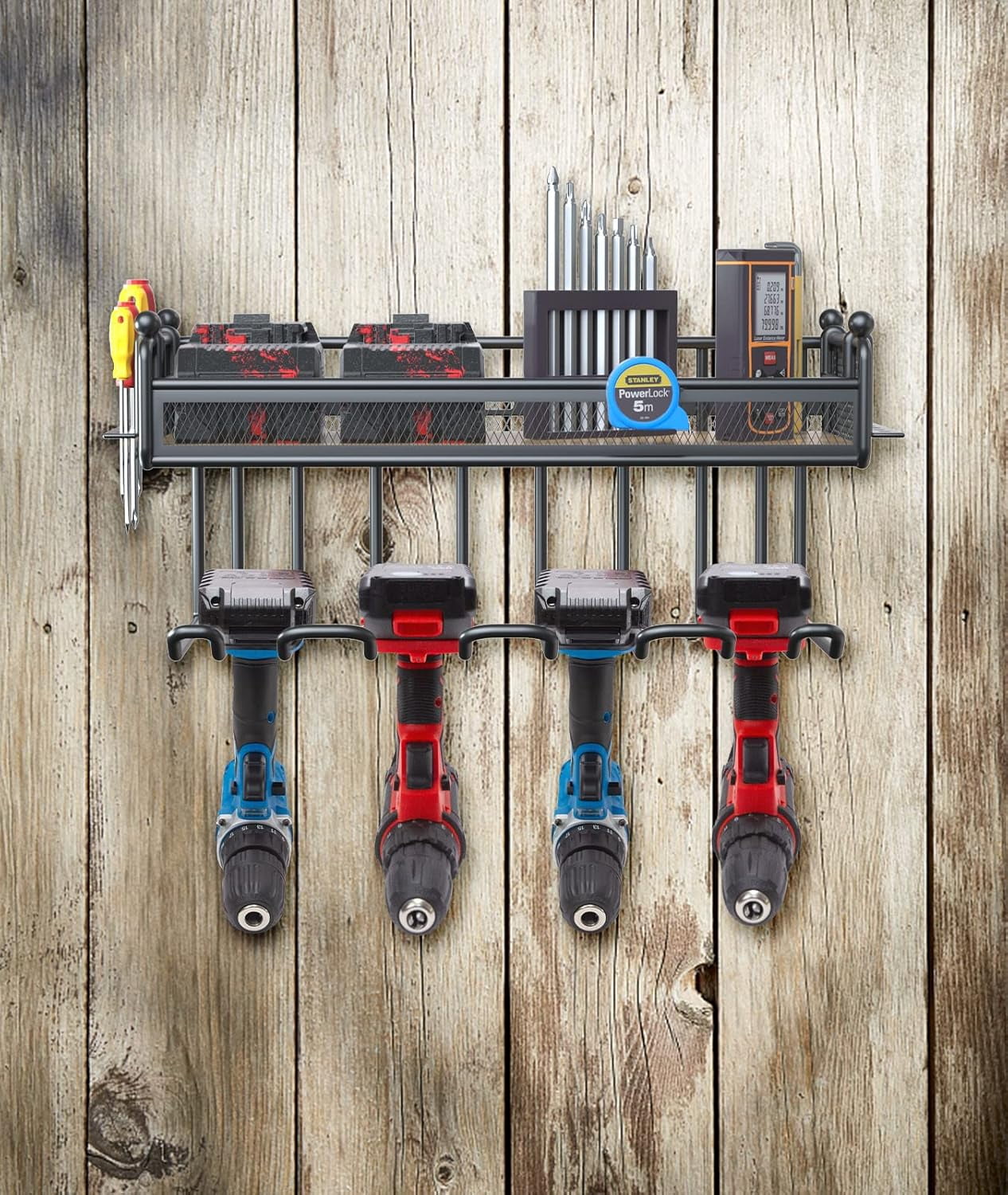 Power Tool Organizer Drill Holder Wall Mount Cordless Drill Storage with 2 Screwdriver Holder, Heavy Duty Tool Organizers And Storage, Tool Garage Organization Tool Rack, Father's Day Gifts