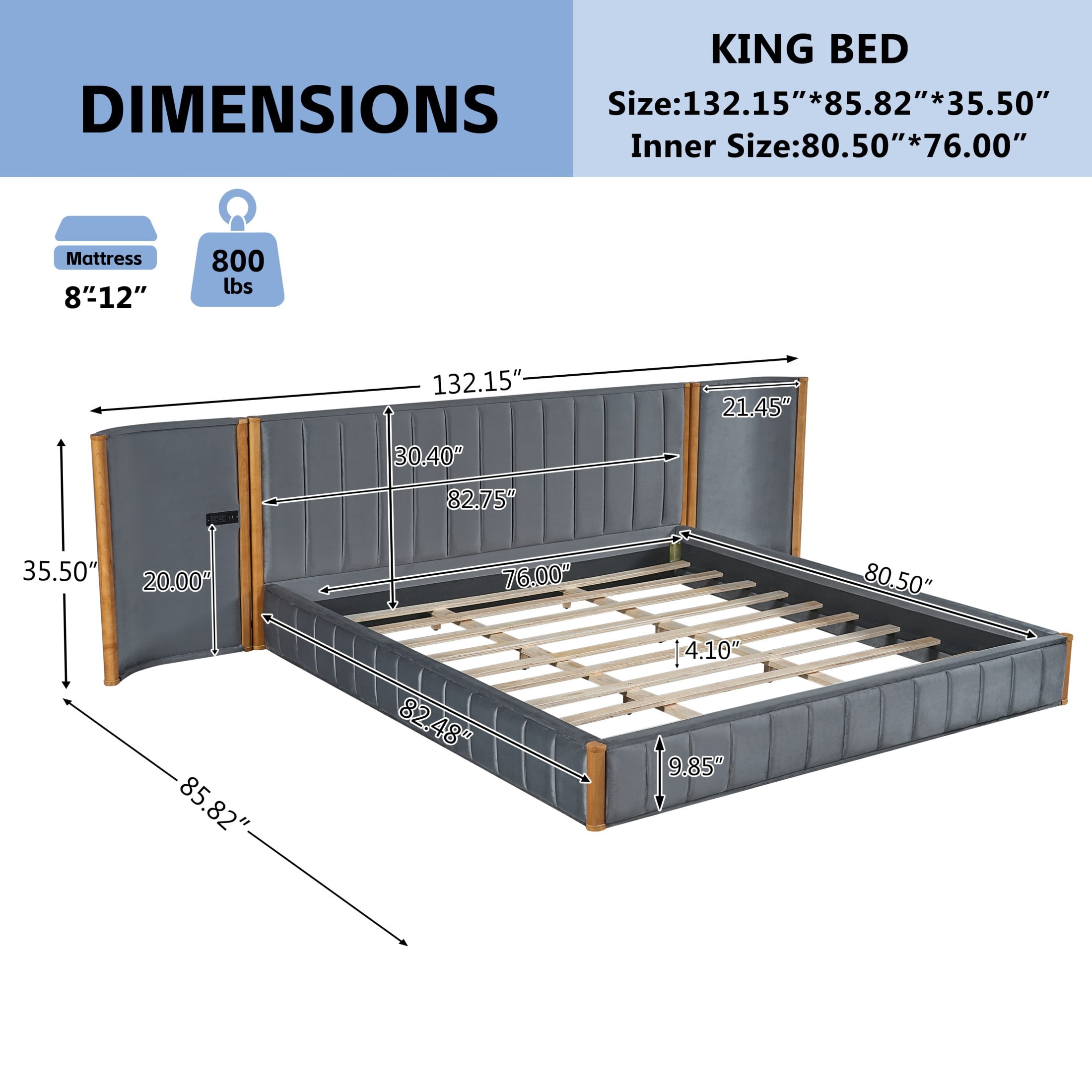 Christopher Knight Home King Velvet Upholstered Bed Frame, Wingback Headboard with Charging Ports, Natural+Gray
