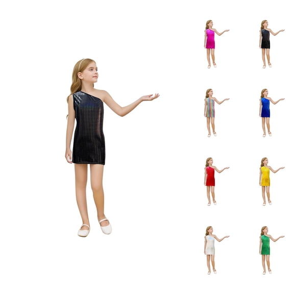 Holographic Square Sequin Dress – Sleeveless Slant Shoulder Mini Gown, Geometric Sparkle Outfit Ages 3-16, Trendy Contrast to Pink Dress for Girls Basics