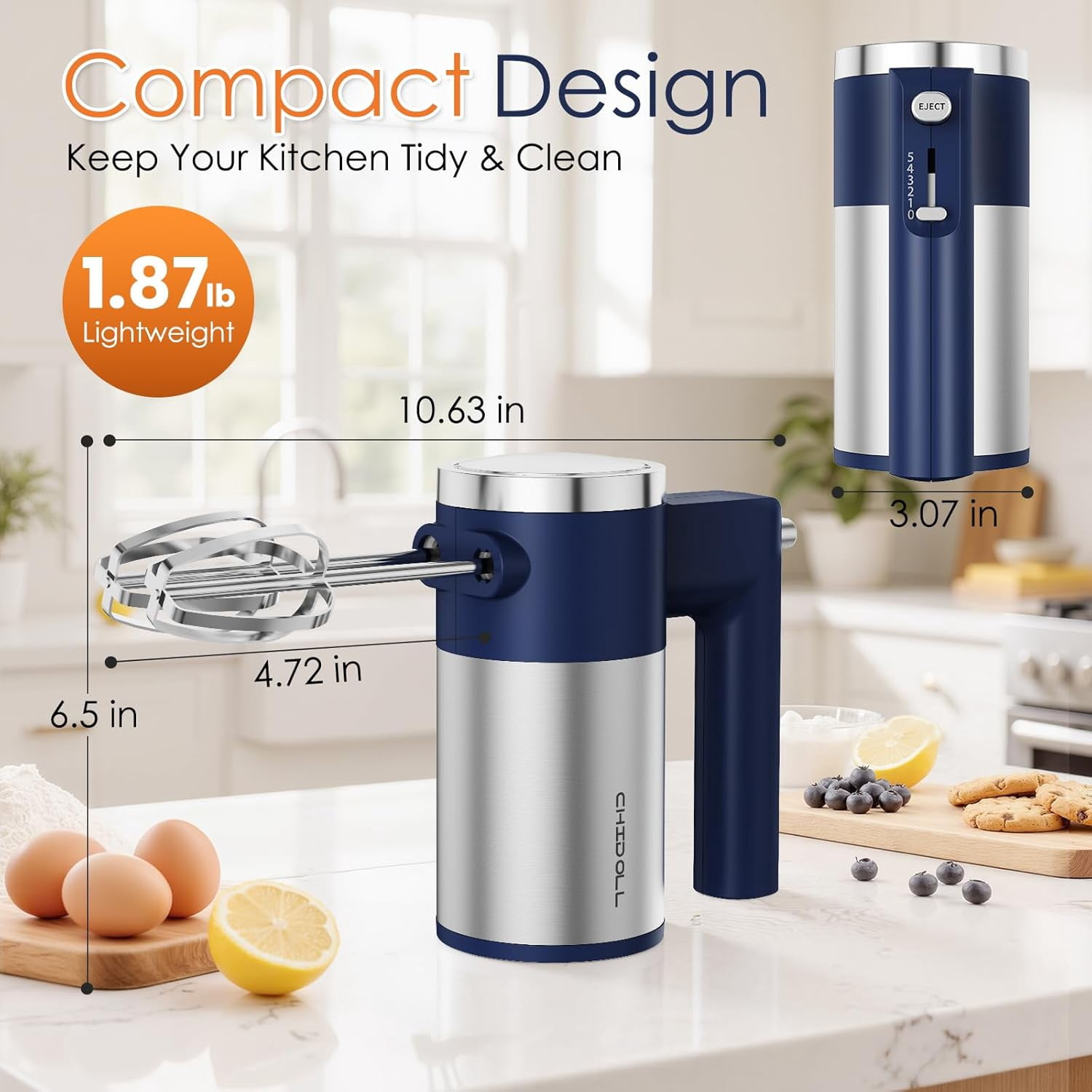 Powerful 600W Hand Mixer, 5-Speed Electric Hand Held Mixer for Baking, Lightweight Stainless Steel Hand Beaters *2 & Dough Hooks*2 with Eject Button, Kitchen Mixer for , Cookies, Dough-Blue
