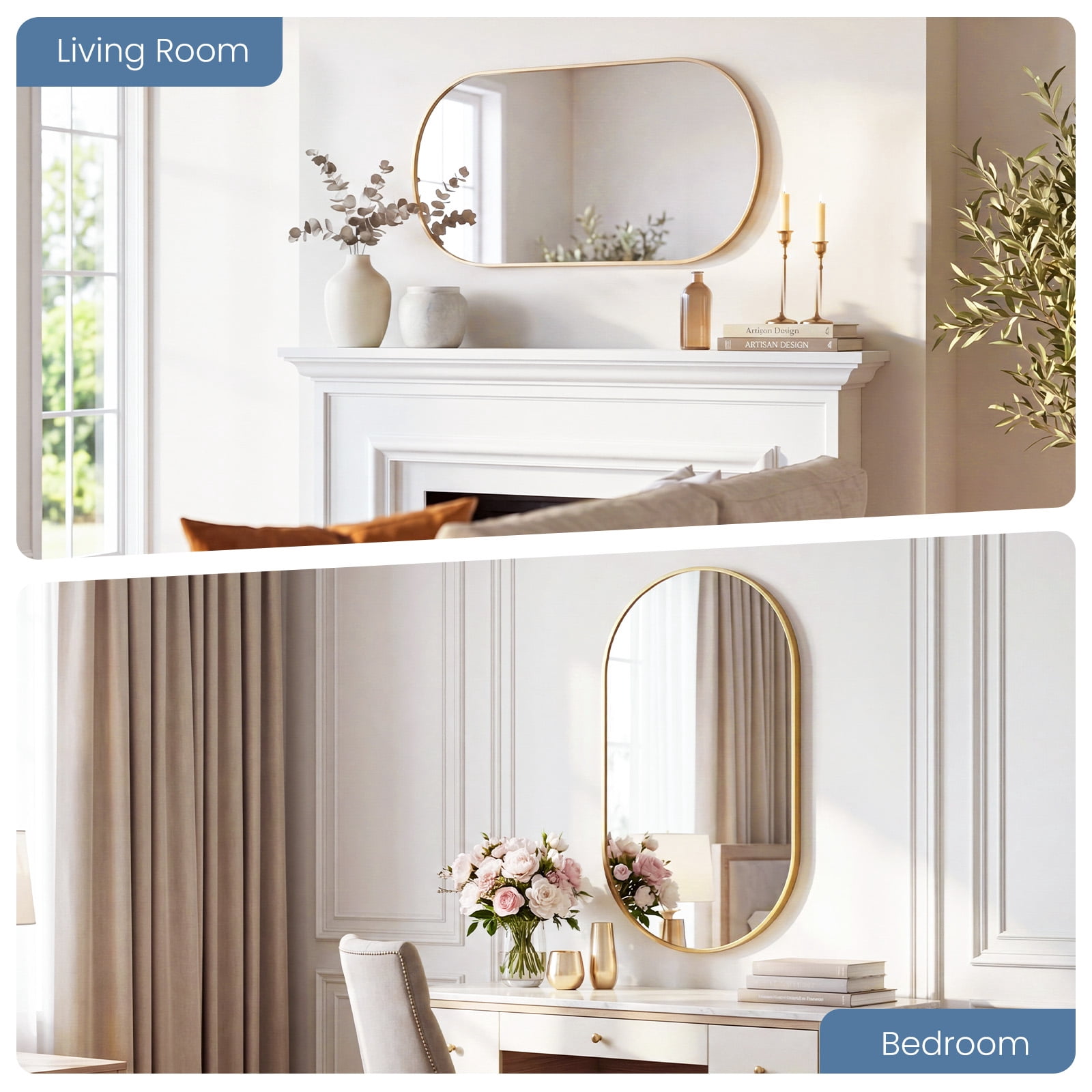 GIANNA 24"x36" Oval Bathroom Mirror – Metal Frame, Elliptical Wall Mirror for Vanity, Gold
