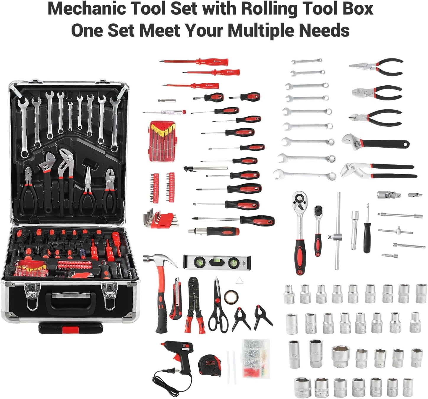 800 Piece Tool Kit Aluminum Trolley Case Tool Set, Socket Wrench Hand Tool Set Mechanic Rolling Tool Box, House Repair Kit Set, Household Hand Tool Set, with Tool Belt