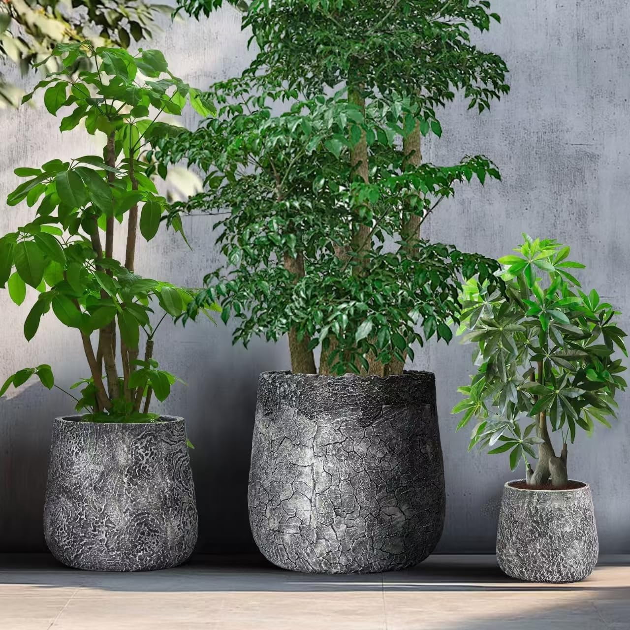 Craft flowerpots 18"+13"+19" Dia Round Concrete Planter Set of 3 Large Outdoor/Indoor Planter Pots Containers with Drainage Holes and Rubber Plug for Home Garden (Dark Gray, Large)