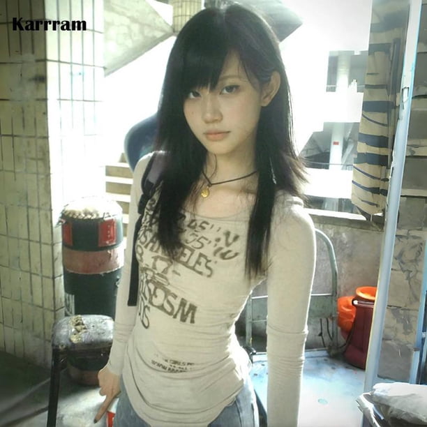 Japanese Y2k Letter Print T-shirt Trashy 2000s Style Long Sleeve Japanese Y2k Letter Print T-shirt Trashy 2000s Style Long Sleeve