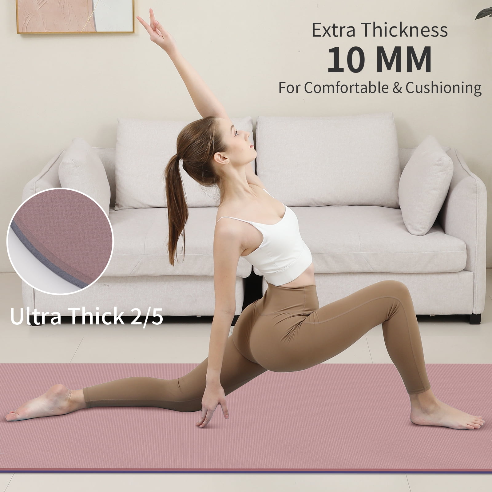 4W 10mm Pink Yoga Mat Thick- TPE Non-Slip Exercise Mats with Strap for Home Workout/Pilates for Women Men 72"×26"(Pink + Silver)