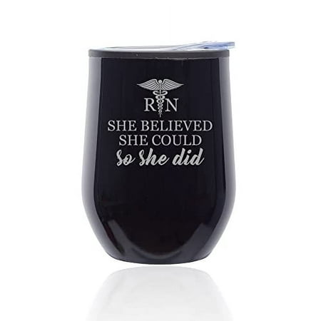 

Stemless Wine Tumbler Coffee Travel Mug Glass with Lid She Believed She Could So She Did RN Nurse Student Graduate Graduation (Midnight Black)