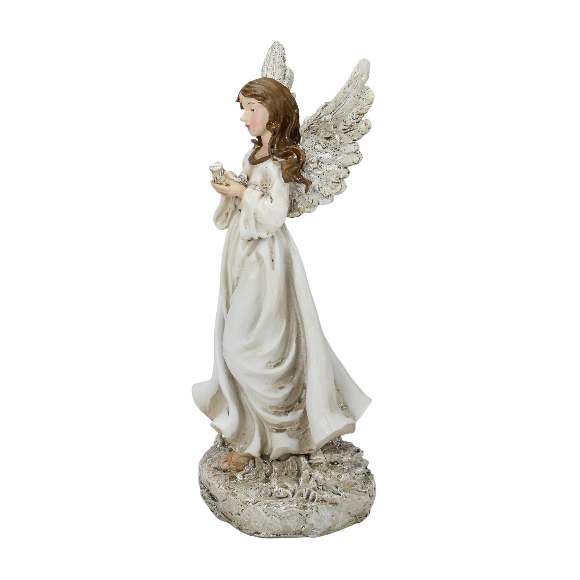 11" White Serene Angel with Dove Outdoor Patio Garden Statue