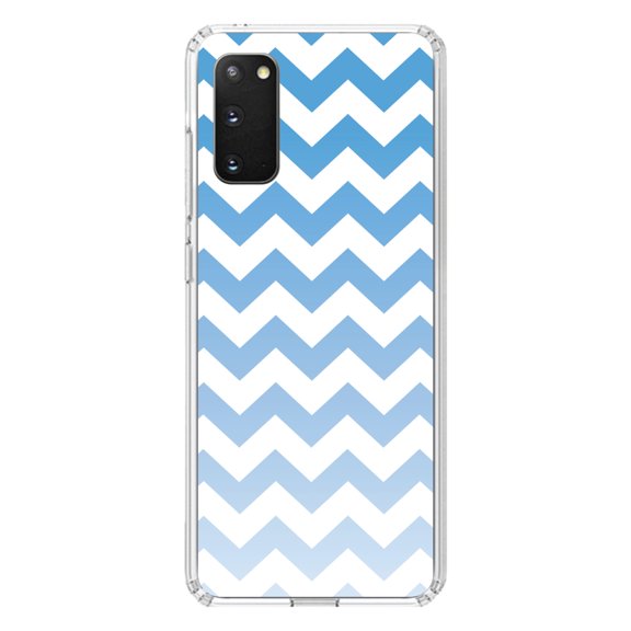 DistinctInk Clear Shockproof Hybrid Case for Galaxy S20 / S20 5G (6.2" Screen) - TPU Bumper, Acrylic Back, Tempered Glass Screen Protector - White Blue Fade Ombré Stripes