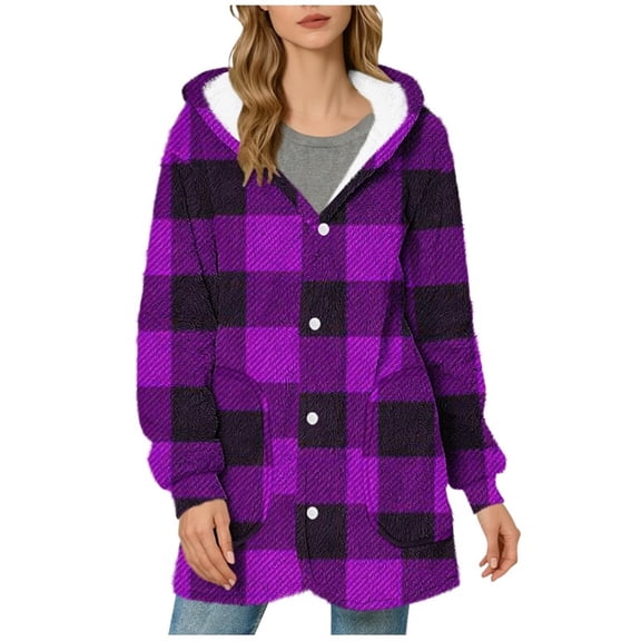 Christmas Women's Plaid Printed Fleece Thick Coats, Button-Down Hooded Sweater with Pockets, Fall Causual Outfits