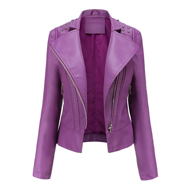 WEIYLL Fall Jackets for Women 2025 Leather Motorcycle Short Lightweight Pleather Crop Purple Fall Clothes Size M
