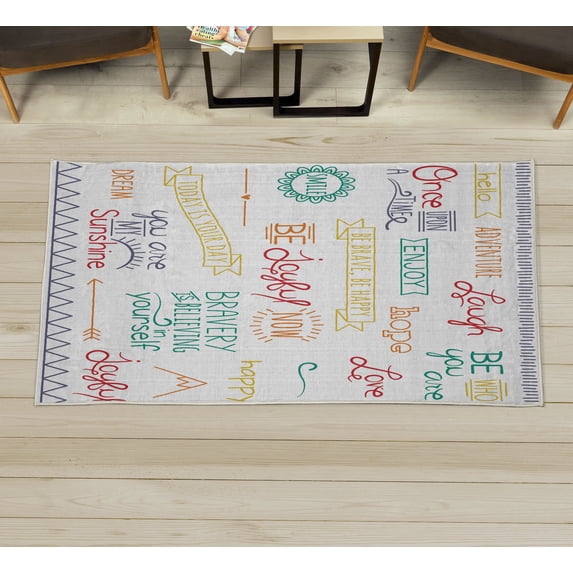Adventure Decorative Rug, Various Words on Happiness and Self Value Uplifting Phrases Being Who You Are, Quality Carpet for Bedroom Dorm and Living Room, 6 Sizes, Jade Green, by Ambesonne