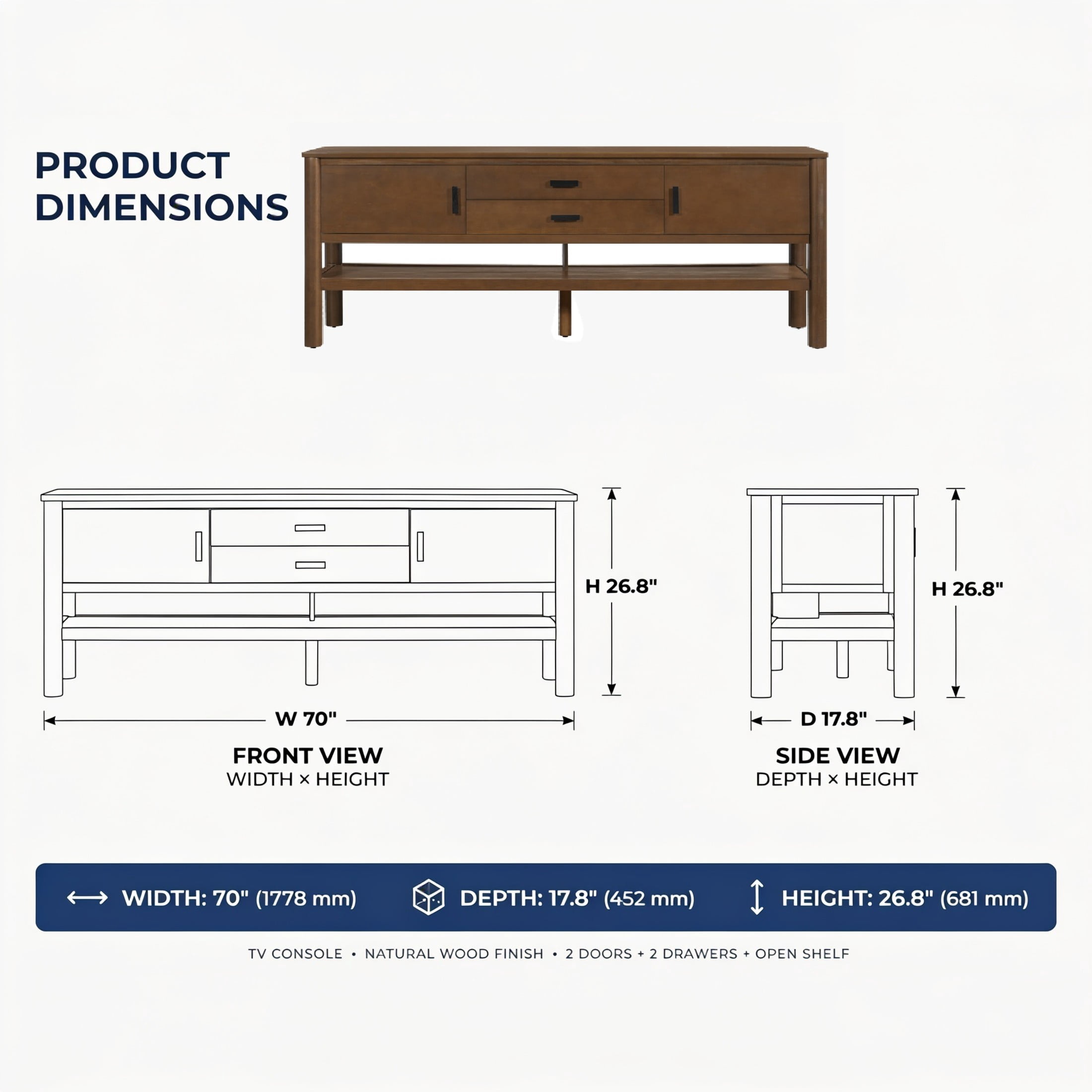 Christopher Knight Home 70" Modern Wood TV Stand, Media Console with Doors and Drawers, Walnut