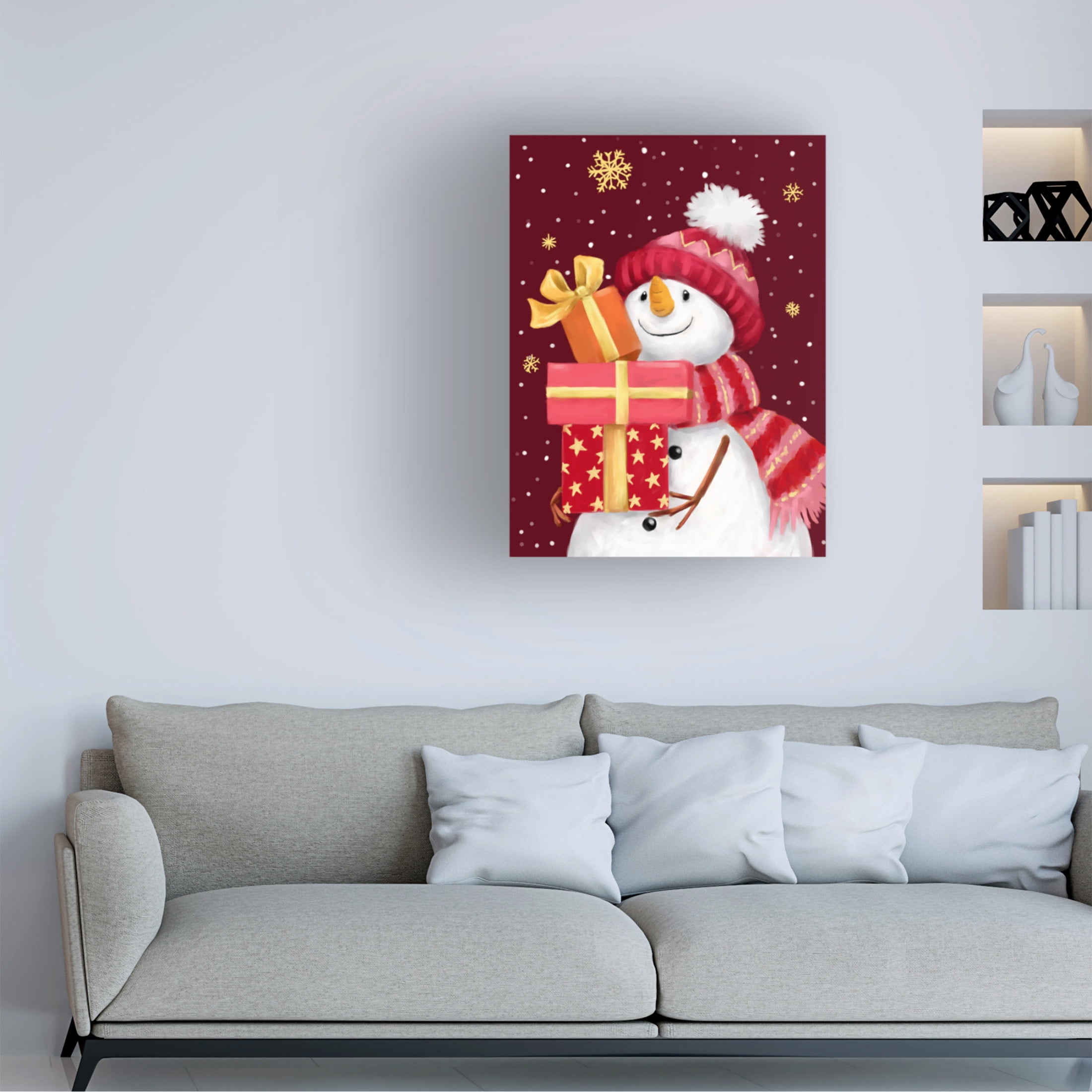 Canvas Wall Art - MAKIKO 'Snowman With Red Presents' Wall Art for Living Room, Bedroom, or Office Décor by Trademark Fine Art - 35 x 47 Inches