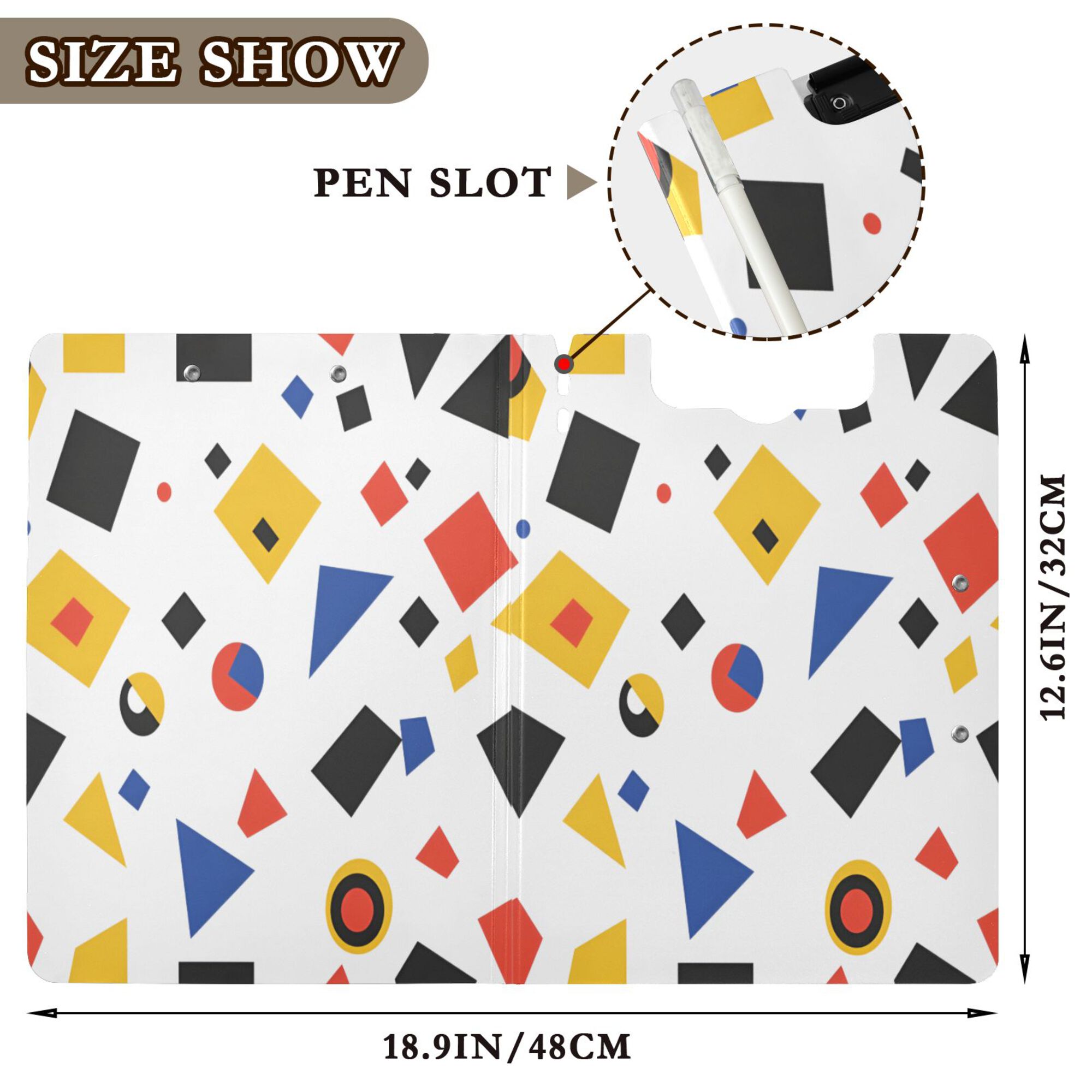 FORMRS A4 Clipboard Folder with Pen Holder Horizontal Foldable School Office Binder, Black Simple Shapes