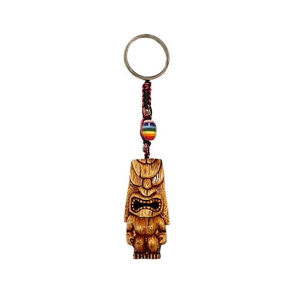 Lono Totem Polynesian Tiki Mask 3D Figurine Keychain Multicolored Macramé Metal Ring - Handmade Gifts Boho Car Keys Bag Accessories