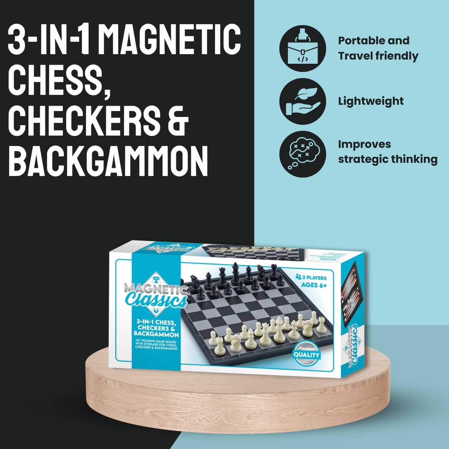 Tradeopia Magnetic Classics – 10 Inch Magnetic 3 in 1 Chess Checkers & Backgammon Game