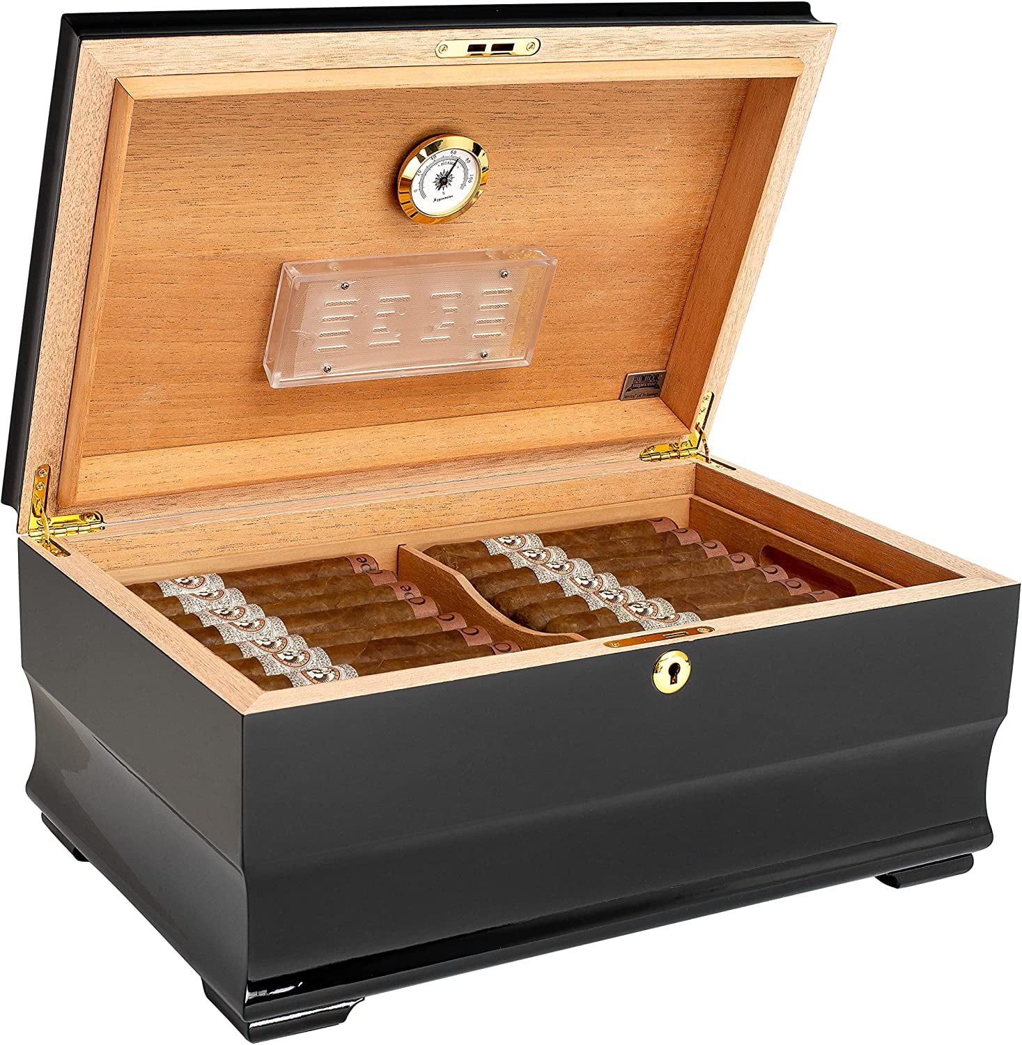Humidor Supreme Malta Cigar Storage Piano Black and Walnut Burl Wood