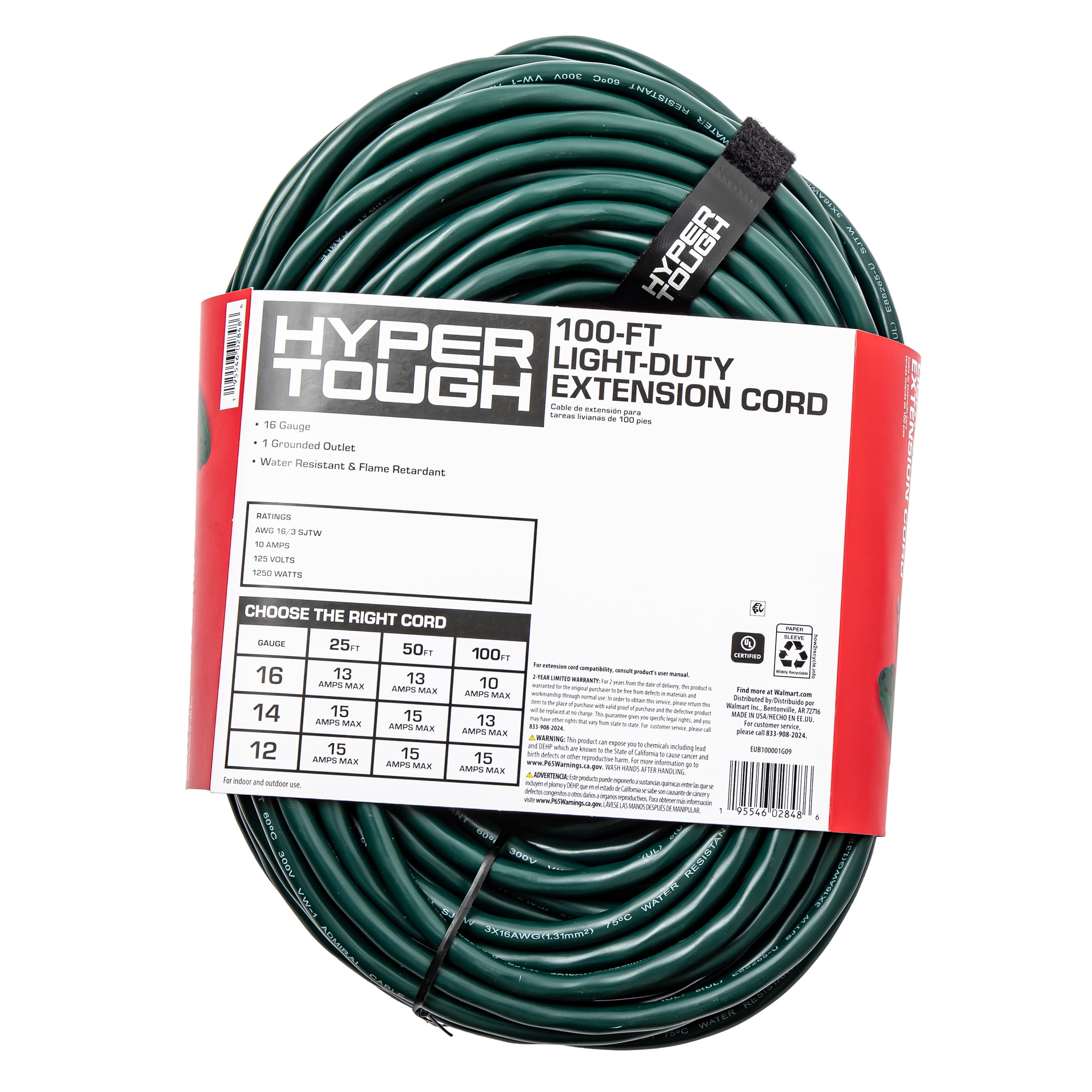 Hyper Tough 16AWGX3C 100ft Indoor and Outdoor Light Duty Green Vinyl Extension Cord