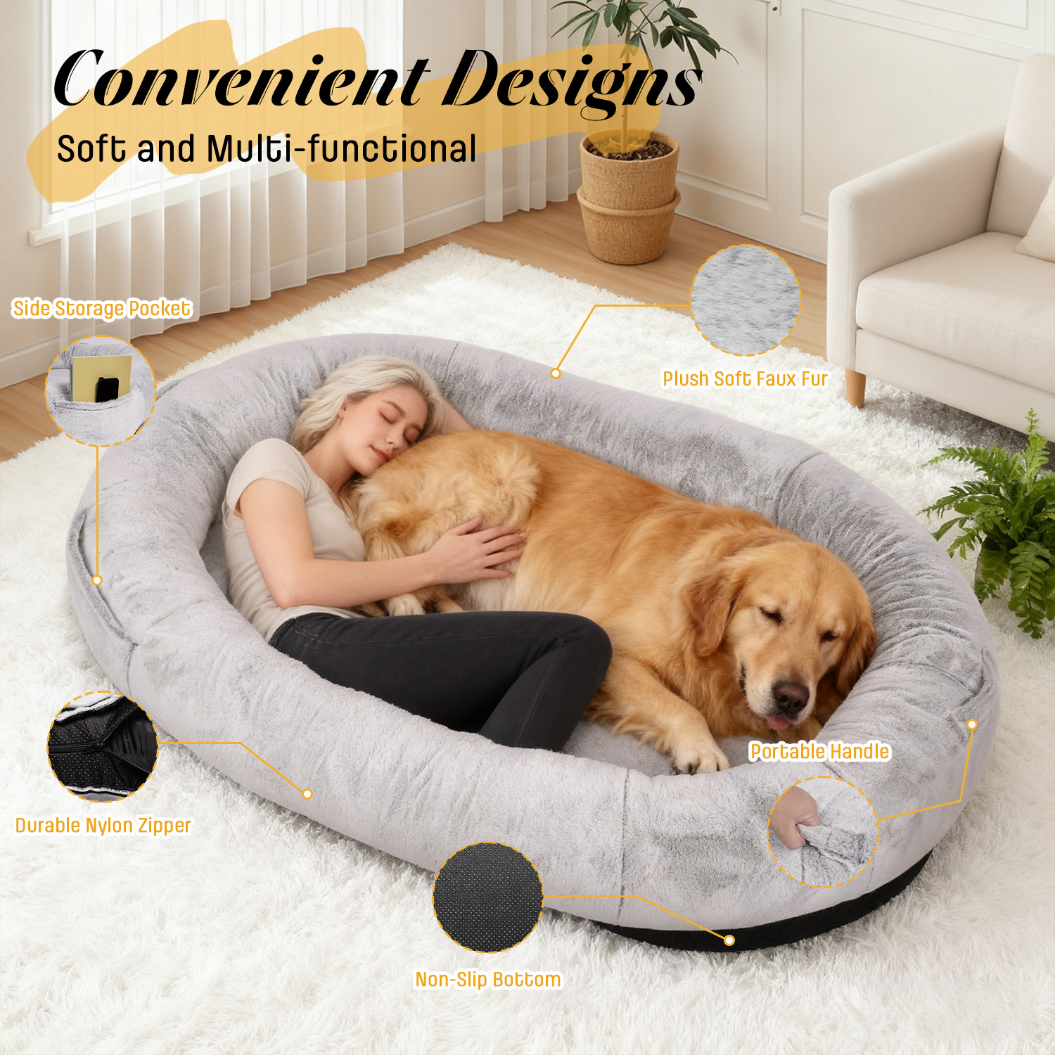 Hidpriva Human Dog Bed for Adults, 71" Extra Large Human-Sized Dog Bed, Washable Faux Fur with Blanket and Pillow, Gray