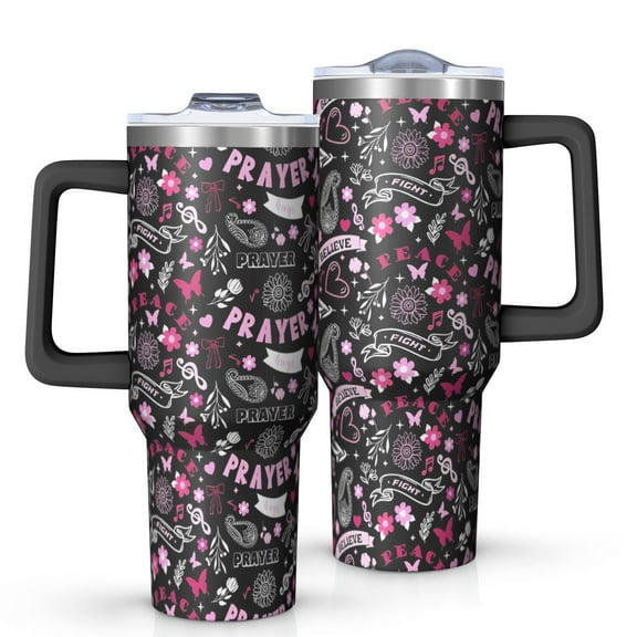 Black Breast Cancer Tumbler with Handle and Lid,40oz Double Wall Vacuum Insulated Tumbler,Cups Gift for Women and Men