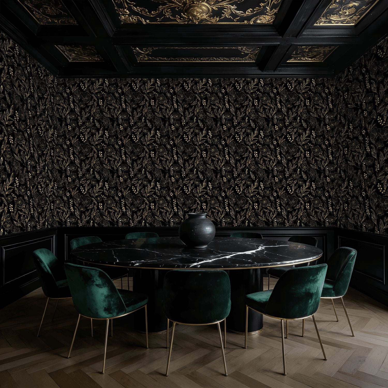 Peel and Stick Wallpaper Baroque Elegant Floral Gold Black Botanical Elements Wall Mural 23.6in x 9.8ft Self Adhesive Removable Wall Paper Renter Friendly Wallpaper for Nursery Bedroom Cabinets
