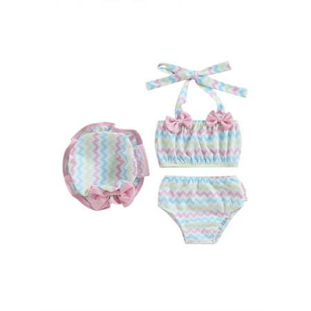 

Infant Baby Girl 3Pcs Swimsuit Bandage Halter Bikini Crop Top Ruffle Shorts Hat Summer Bathing Suit Swimwear Beachwear