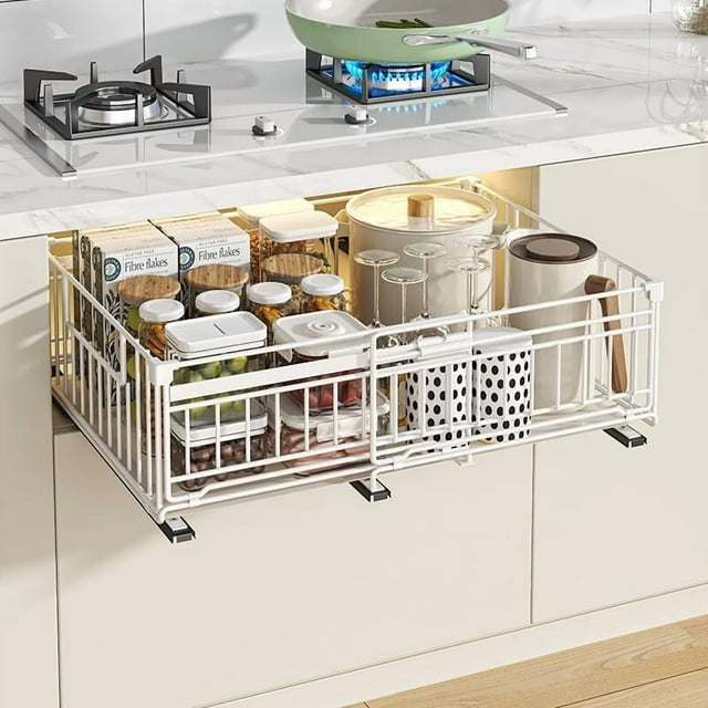 Organizador de Gabinete Extraíble, No Drill Organizador de Cajones de Cocina, Cajones Extraibles para Cocina, Barandilla elevada de 17 cm, Ancho ajustable de 33-51 cm, cocina/baño etc