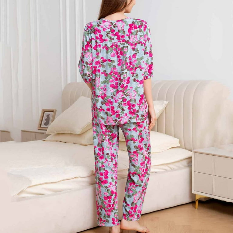 Jinhomg Womens Soft Cotton Pajamas Elegant Floral Print Long