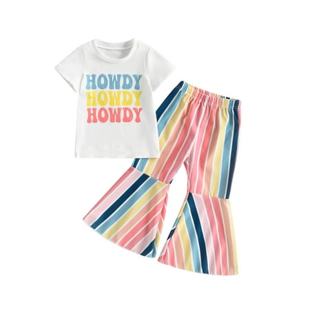 

IZhansean Toddler Baby Girl Summer Outfits Short Sleeve Cotton T-Shirt Tops High Waist Striped Bell Bottoms Flare Pants Set White 2-3 Years