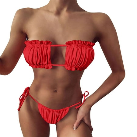 JIANJIA Swim Suits for Women Summer Solid Color Sexy Strapless Pleated Hollowed Out Brassiere With Thongs Two Piece Bikinis Swimwears Bathing Suits Red L
