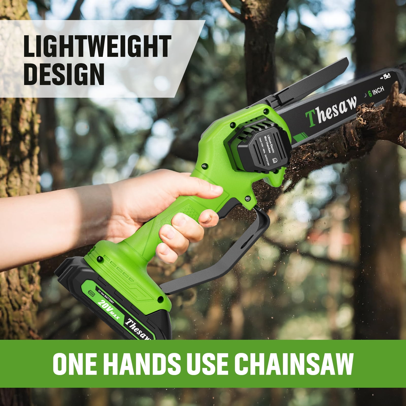 6 Inch Portable Electric Chainsaw, 20 V Battery Powered Chainsaw with Tool-less Chain Tensioning(1 Battery)